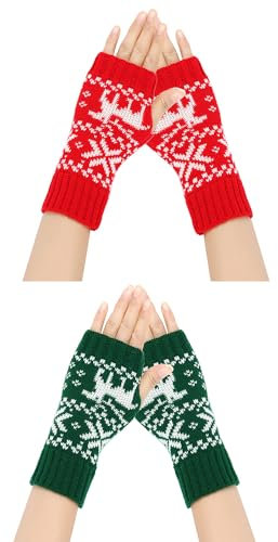 FGFD&OU Fingerlose Handschuhe für Damen Gestrickte Halb Fingerhandschuhe Kurzer Strickhandschuhe Fäustlinge Handwärmer Handgelenkwärmer Armstulpen Handstulpen Pulswärmer (2Paar-Rot+Grün)