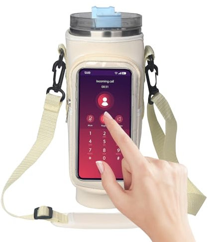 Donmnemb Water Bottle Carrier Bag with Handle, Water Bottle Holder with Strap, Stanley Cup Accessories, Water Bottle Bag with Adjustable Shoulder Strap for Walking Travelling Camping (Clear Beige)