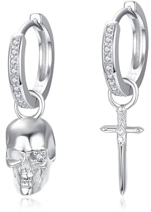 Unisex Creolen 925 Sterling Silber Wikinger Rune Schlafen Kreolen Ohrringe Ohrring Ohrschmuck Geschenk für Männer Frauen (Hängender Kreuz Schädel)