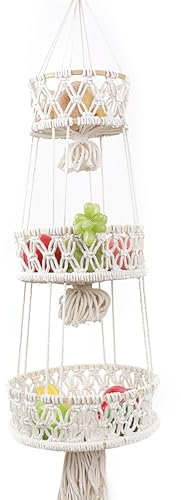 LYCN 3 Tier Hanging Basket, Macrame Hanging Fruit Baskets for Kitchen Space Saving Indoor Hanging Plant Holder Hangers, Boho Wall Storage Basket for Vegetable Kitchen Countertop (110cm,Beige)