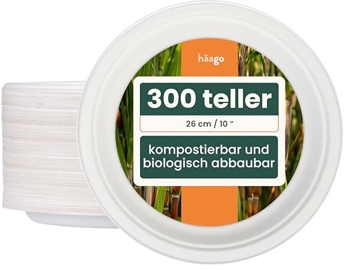 HAAGO 300 Sugar Cane Disposable Plates, 26 cm - Paper Plates, Party Plates for Birthdays, Parties & More - Sturdy, Compostable & Biodegradable