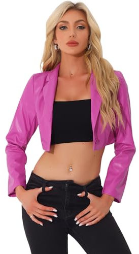 Allegra K Blazer Court en Similicuir pour Vestes en Cuir PU à Boutonnage Simple pour Femmes Rose Vif XL