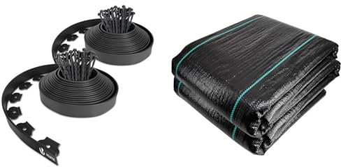 VOUNOT Bordure de Jardin en Plastique 20 mètres avec 60 Piquets d'ancrage Bordurette de Pelouse & Toile de Paillage Contre Les Mauvais Herbes 2Mx25M en Fibres de Polypropylène Tissées Anti-UV