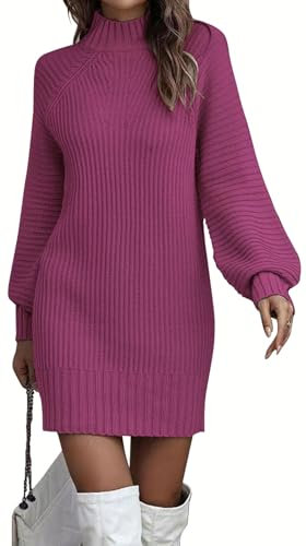 ELFIN Strickkleid Damen Rollkragen Langer Pullover Puff Ärmel Winter Pulloverkleid Freizeitkleid Langarm Strick Kleider Minikleid (XL, Lilarot)
