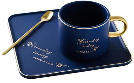 eKsdf Keramik Tasse mit Untertasse 200 ml Kaffeebecher mit Henkel und Goldrand Kaffeetasse Steingut Kaffee Tassen Schwarz Kaffetasse Geschenk für Männer Frauen Oma Papa Mama Kollegin (Blaue)