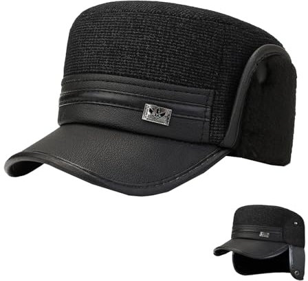 crazy bean Winter Cap Herren mit Ohrenklappen Warme Fliegermütze mit Schirm Basecap Schiebermütze Herren Schwarz Kunstfellmütze Leder Schwarz A