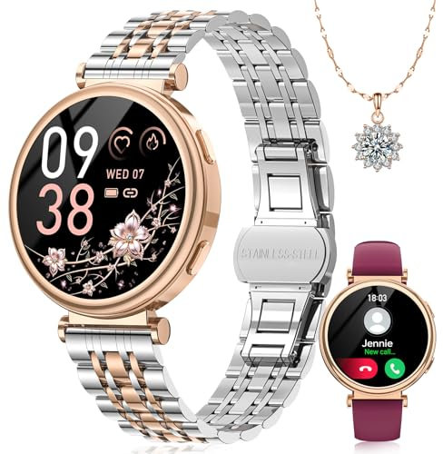 Sanorum Smartwatch Damen, 1.27 HD Voll Touchscreen Armbanduhr mit Telefonfunktion, Geschenk Damen Menstruationszyklus SpO2 Pulsuhr Schrittzähler Kalorien Fitness Tracker IP68 iOS Android Gold/Silber