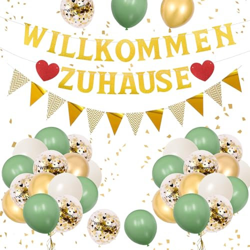 Willkommen Zuhause Welcome Home Deko, Herzlich Willkommen Girlande Willkommen Zurück Set mit Willkommen Zuhause Banner Grün Gold Luftballons für Welcome Back Welcome Baby Geburt Familie Dekorations