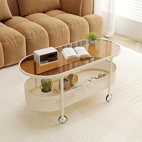Table basse ovale en verre trempé avec roulettes – Table d'appoint moderne à 2 niveaux pour salon et bureau – Table basse centrale avec plateau en verre trempé