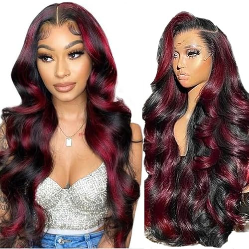 Hxxcoup Burgundy Perücke Echthaar Damen Body Wave Human Hair Wig 13x4 HD Lace Frontal Wig Burgudy 150% Density Brazilian Virgin Remy Hair Per Plucked Natural Hairline Hair 18 Zoll