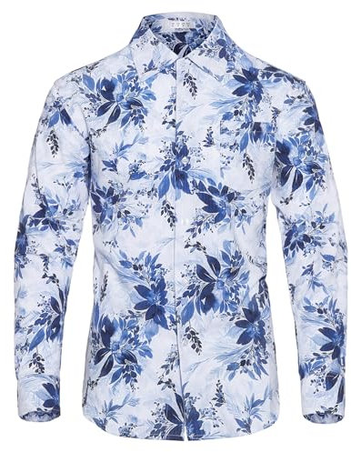APTRO Men's Shirts Long Sleeve Dress Shirts Casual Floral Shirt Wrinkle-Free Formal Regular Fit Shirts Patterned White XL