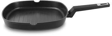 SOGO Parrilla Antiadherente 28x28cm Aluminio Forjado Gold Seres - Plancha Inducción 3 Capas QuanTanium - Sartén Parrilla Cocina Gas y Vitrocerámica Apta para Lavavajillas, Mango de Baquelita