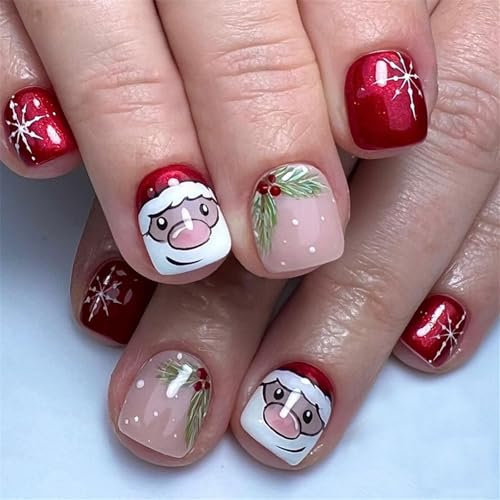 24 Pcs Christmas Press on Nails Short - Santa Claus and White Snowflake Design - Red False Nails With Glue - Stick on Nails for Women and Girls Suitable for Christmas Party