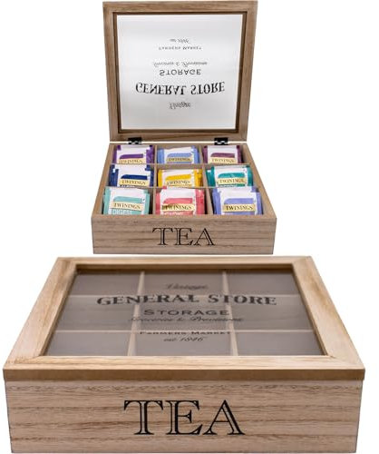 Vintage 9 Compartment Tea Bag Holder, General Store Farmers Market Teabag Organizer, Farmhouse Countertop Kitchen Accessory Décor Storage Box