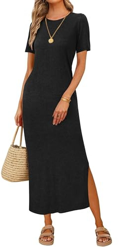 Arach&Cloz Women's Wool Business Casual T Shirt Maxi Sweater Dress Black