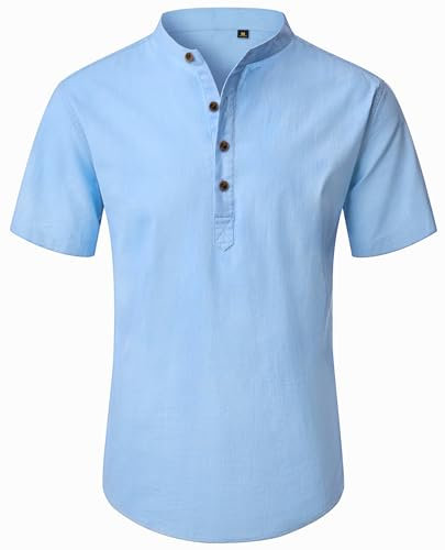 siliteelon Men's Shirts Linen Short Sleeve Henley Shirts for Men Adult Summer Beach Cotton Light Blue Shirt Regular Fit Casual Shirt Summer Beach Tops XL