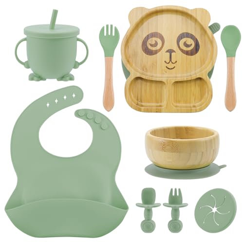 Feelhap Coffret Repas Bebe, Assiette Ventouse pour Bébé, Assiette Ventouse Silicone Antiderapant avec Compartiments,Ventouse Bol,Bavoir,Fourche,Cuillère et Tasse, Assiette Enfant Set (9 Pièces-Vert)
