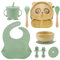 Feelhap Coffret Repas Bebe, Assiette Ventouse pour Bébé, Assiette Ventouse Silicone Antiderapant avec Compartiments,Ventouse Bol,Bavoir,Fourche,Cuillère et Tasse, Assiette Enfant Set (9 Pièces-Vert)