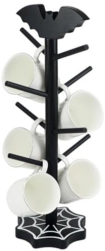 Bat Mug Holder Tree - 8 Hooks Coffee Mug Rack - Gothic Home Decor Wood Coffee Mug Tree for Countertop - Coffee Cup Holder for Halloween Kitchen Organizer & Coffee Bar Accessories (Spider Web)