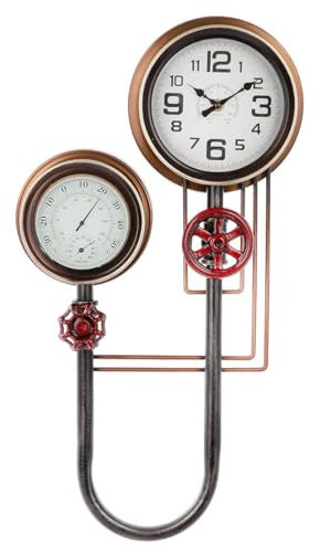 GILDE Industrielle Wanduhr mit Thermometer und Hygrometer, 55 cm Höhe, Metall Schwarz-Kupfer