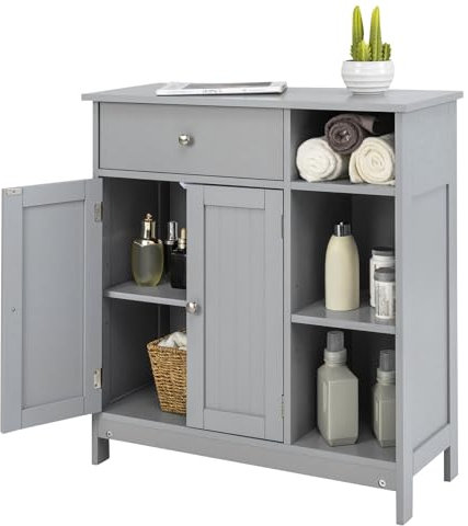 COSTWAY Badezimmerschrank, Badschrank mit Schublade, Türen & verstellbarem Regal, Kommode Holz für Badezimmer, Wohnzimmer, Schlafzimmer & Küche, 75 x 30 x 80cm, Grau
