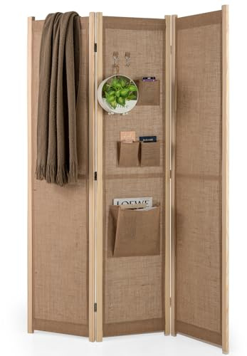 COSTWAY Paravent Interieur 3 Panneaux 121 x 170 cm, Separateur de Pieces Pliable, Lin Synthétique, 4 Sacs de Rangement, 2 Crochets, Closion de Separation Interieur pour Chambre Salon Bureau, Naturel