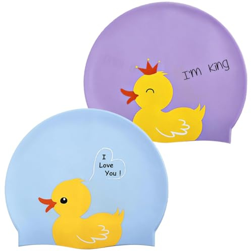 2 Piezas Gorro Natación Silicona,Gorro de Baño Impermeable Antideslizante, 4 a 12 Años Gorro de Baño Piscina, para Niños Niñas Pelo Largo y Corto