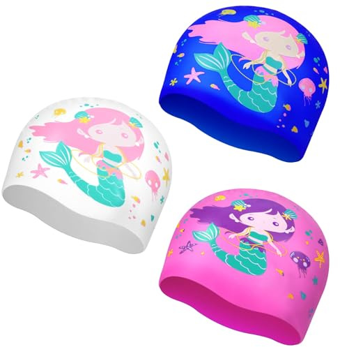 Fourluoo 3 Pcs Kids Swim Caps for Boys Girls Age 3-12 Swimming Hat Pool Cap Child Swim Hat for Toddler Youth(Mermaid)