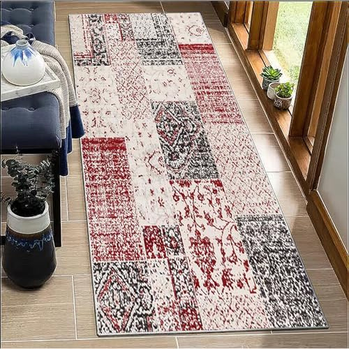 BORKOY Rosa Teppichläufer Flur 100x120cm Vintage Küchenteppich rutschfest Waschbar Meterware Lang für Schlafzimmer Korridor Wohnzimmer, Anpassbare Länge 40-120cm Breite mit Gummirücken