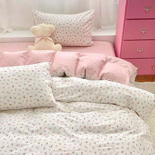 Nyescasa Housse de Couette 140x200 Blanc Rose Motif Fleurs Fleurie Rose Réversible Parure de lit Adulte 1 Personne Housse Couette en Microfibre avec Fermeture Éclair et 1 Taie d'oreiller 65x65 cm