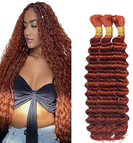Hxxcoup Human Braiding Hair for Boho Braids Deep Wave Bulk Total 150g 3 Bundles 24 24 24 Inch Human Hair Extension Menschliches Haar Unprocessed No Weft #33 Reddish Brown for Women