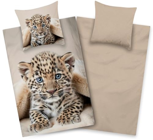 Aminata kids Bettwäsche 135x200 cm Leopard Safari Tiermotiv 100% Baumwolle für Kinder und Jugendliche mit Reißerschluss Geschenktipp Jungen Mädchen