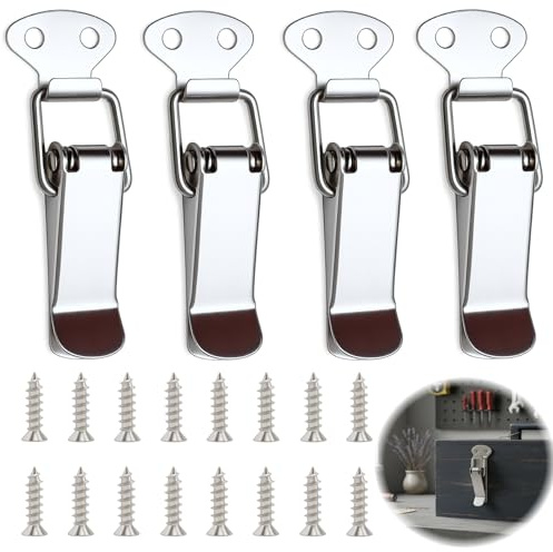 4PCS Stainless Steel Tension Clasp with Screws, 56mm Spring Toggle Latch Hasp Catch Clamp Clip, Heavy Duty Box Closure Lock for Toolbox Drawer Cabinet Chest Case Trunk Furniture Fastener Clip Silver