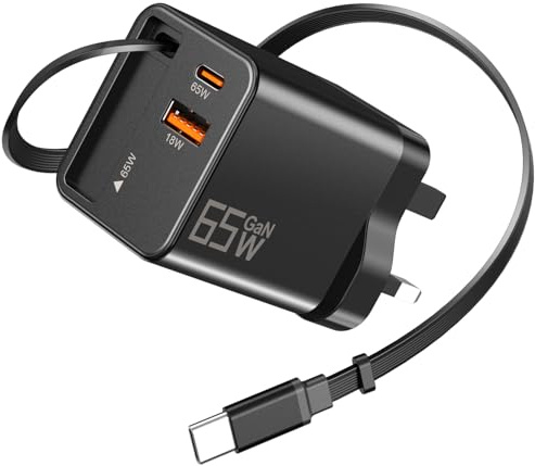 YSSTKFD 65W USB C Charger with 0.7m Retractable Cable, Fast Charging Plug | 65w charger, gan charger, 0.7m retractable cable, multi charger cable, travel charger, black