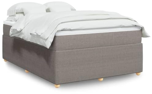 QUAHEAS Lit à sommier tapissier avec matelas, tissu taupe, 140 x 190 cm, ressorts ensachés, pieds en bois, sommeil réparateur