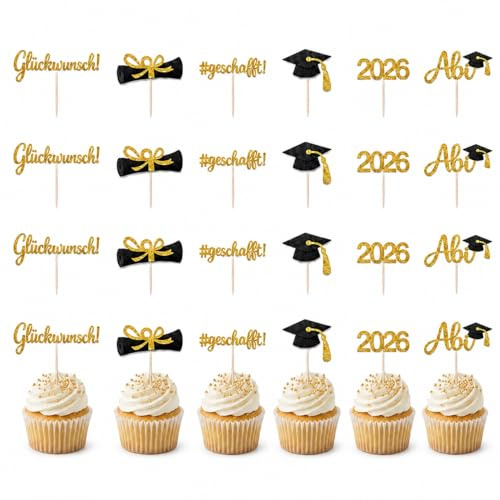 24 Stück Abschluss Tortendeko Schwarz Gold, Graduation Cupcake Toppers Glückwunsch, Geschafft, Abi Kuchen Deko für Abschluss Deko, Abitur 2026 Deko, Prüfung Bestanden