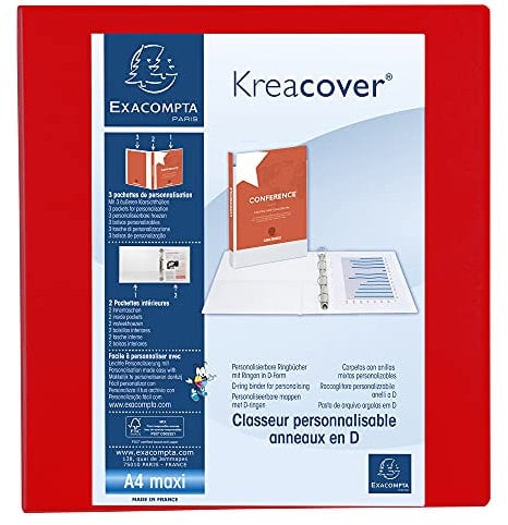 Exacompta 51845RE Präsentationsringbuch KreaCover aus blickdichtem Kunststoff für DIN A4, 4-D Ring Mechanik 60 mm, Rücken 90 mm, rot ideal für Schule und Büro Ringhefter Ringordner Ringbuchordner