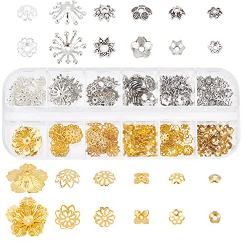 PandaHall Elite 328pcs Capuchons de perles, 12 styles Casquettes de perles de fleurs Perles d'espacement Embouts de perles en laiton et alliage pour boucles d'oreilles bracelets colliers,or/argent