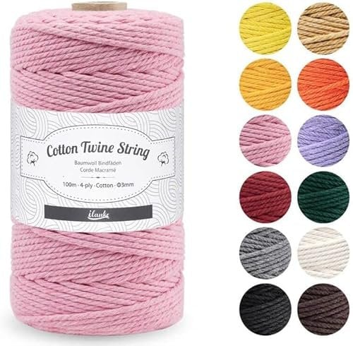 Corde Macramé Rose,ilauke 100m Fil Macramé 3mm,Mariage Cordon en Coton,4 Brins Ficelle Cordelette,Naturel Coton Cordon pour Tricotage Hanging Plant,Emballage Cadeau,Fil de Coton pour DIY Décoration