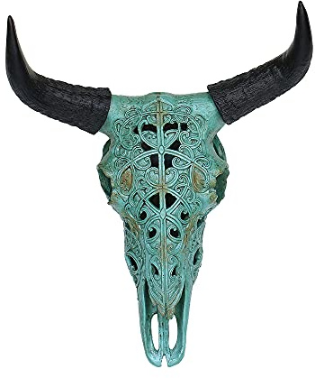 OTARTU Turquoise Tribal Design Carved Steer Skull Wall Hanging Sculpture, 19 Inch Steer Head Bull Skull Wall Décor