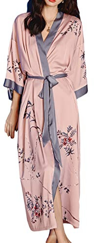 LOCIIXAT Robe kimono longue en satin pour femme - Imprimé floral - Robe de chambre en soie, Rose/Branches, Taille unique