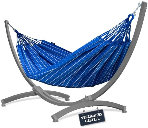 Potenza Outdoor Hängematte mit Tytan Gestell für 2 Personen I Baumwolle Catargo Doppelhängematte 220x160, 220kg I Hängemattengestell 350kg, wetterfest (Verzinktes Gestell Grau, Blau)