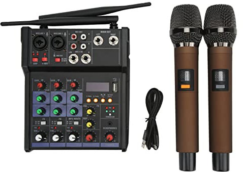 Micrófono de Mano Inalámbrico, Mezclador Pequeño USB Bluetooth de 4 Vías, Mezclador Pequeño USB Bluetooth de 4 Vías, Compatible con Disco U o Reproducción de MP3, para Pequeñas Actuaciones, Karaoke en