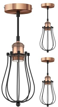 ledscom.de 3 Stück Vintage Pendelleuchte RETRA, bronze, E27 Fassung, Käfig-Schirm schwarz