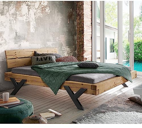 Lomadox Doppelbett Ehebett Bett Echtholz Massivholz, 180x200 cm, Fichte massiv, Holzkopfteil, Schwarze Beine in Y-Form, B/H/T ca. 198/88/228 cm
