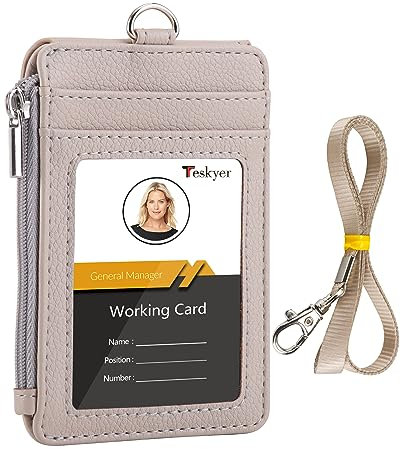 Teskyer Porte Badge tour de Cou, Portefeuilles de Carte de Crédit Minces, Porte Carte avec Poche à Glissière, 1 Fenêtre d’Identification, peut Contenir Jusqu’à 4 Cartes, Cuir PU, Beige