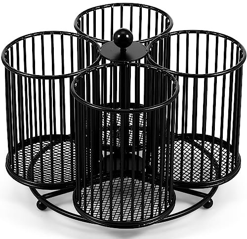 Metal Utensil Caddy 360 Degree Rotating Cutlery Holder 4 Compartment Flatware Storage Basket Portable Multipurpose Countertop Silverware Organizer for Kitchen Picnic Camping Outdoor