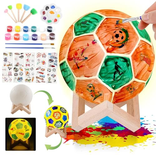 Fußball Nachtlicht Geschenke DIY 3D Fußball Lampe Malset mit Holzständer Malzubehör Fussball Kunstzubehör Bastelset für Kinder Jungen und Mädchen Geburtstag Weihnachten