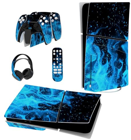 PlayVital Full Set Skin Sticker für ps5 Slim Konsole Disc Edition,Aufkleber Vinyl-Skin Stickers Schutzfolie Folie für ps5 Controller,Ladestation, Headset,Medienfernbedienung-Blaue Flamme