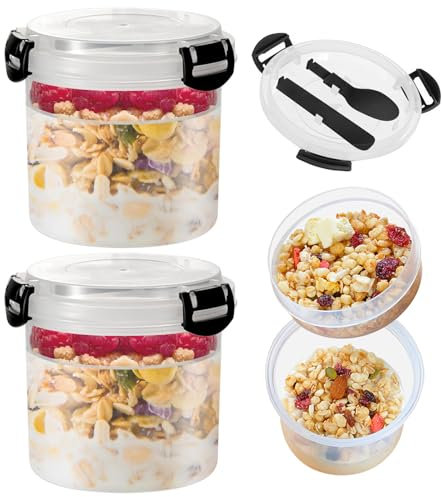 Eiflayn Porta Yogur,2pcs Yogurt y Cereales,Overnight Oats Jar con Cuchara, 600+200ml Bote de Yogur de Doble Capa a Prueba de Fugas, Para El Trabajo, La Escuela, de Viaje